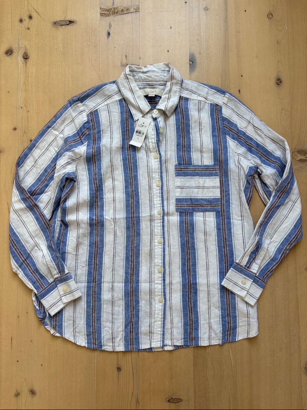 LOFT Vertical Striped Button-Down Shirt in Blue, Cream and Brown - Small